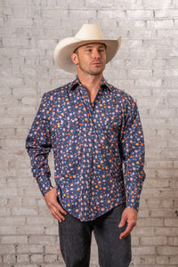 Men's Solar System Print Western Shirt in navy by Rockmount Ranch Wear with planetary print and sawtooth pockets