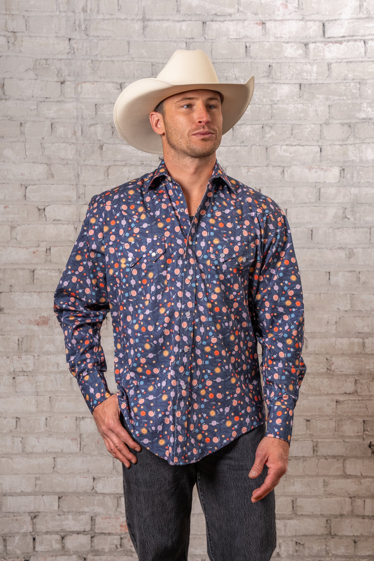Men's Solar System Print Western Shirt in navy by Rockmount Ranch Wear with planetary print and sawtooth pockets