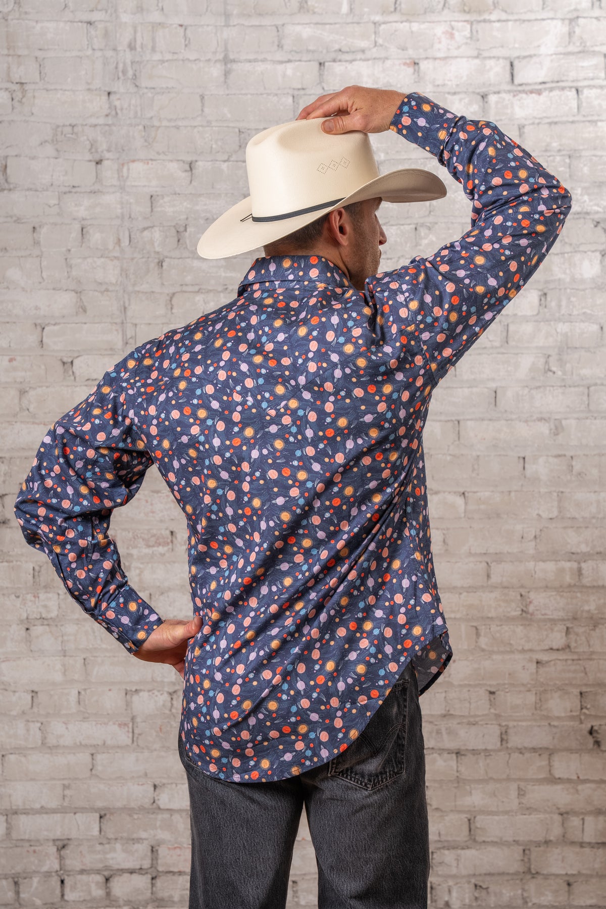 Men's Solar System Print Western Shirt in Navy Rockmount Ranch Wear with planetary print and sawtooth pockets