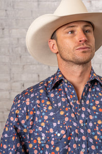 Men's Solar System Print Western Shirt in Navy by Rockmount Ranch Wear with planetary print and sawtooth pockets