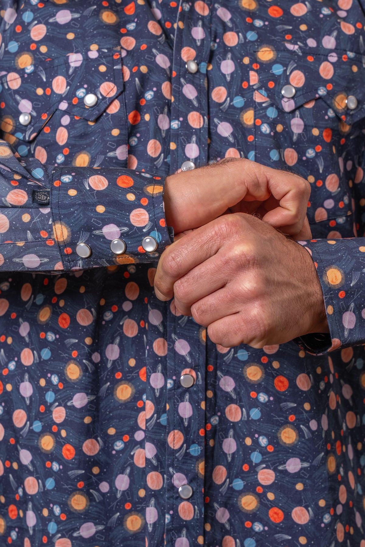 Men's Solar System Print Western Shirt in Navy by Rockmount Ranch Wear with pearl snap buttons and planetary print