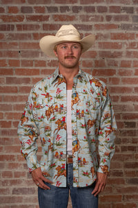 Men's Vintage Light Blue Print Western Shirt by Rockmount Ranch Wear with western shirt print and sawtooth pockets