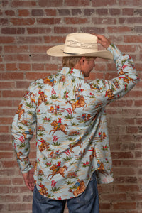 Men's Vintage Light Blue Print Western Shirt by Rockmount Ranch Wear with floral print and sawtooth pocket