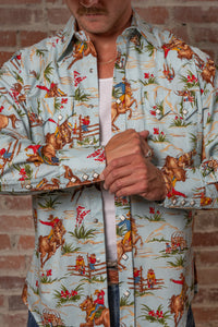 Men's Vintage Light Blue Print Western Shirt by Rockmount Ranch Wear with embroidered western shirt snaps