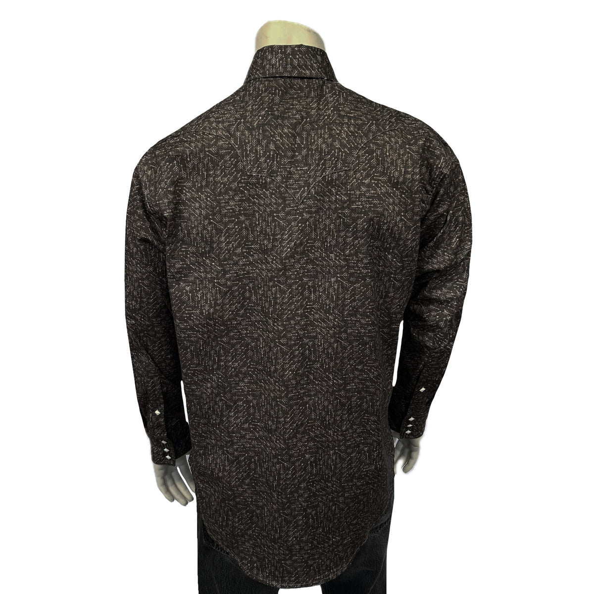 Men's Greige Follow Your Arrow Print Western Shirt by Rockmount Ranch Wear, diamond snap design and sawtooth pocket