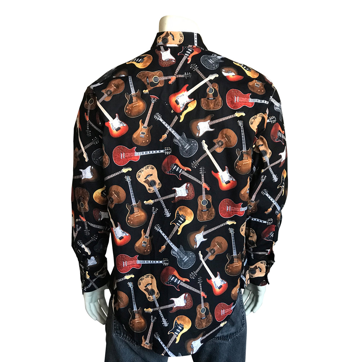 Men's Black Electric Guitars Print Western Shirt by Rockmount Ranch Wear, vintage cowboy shirt with sawtooth pocket