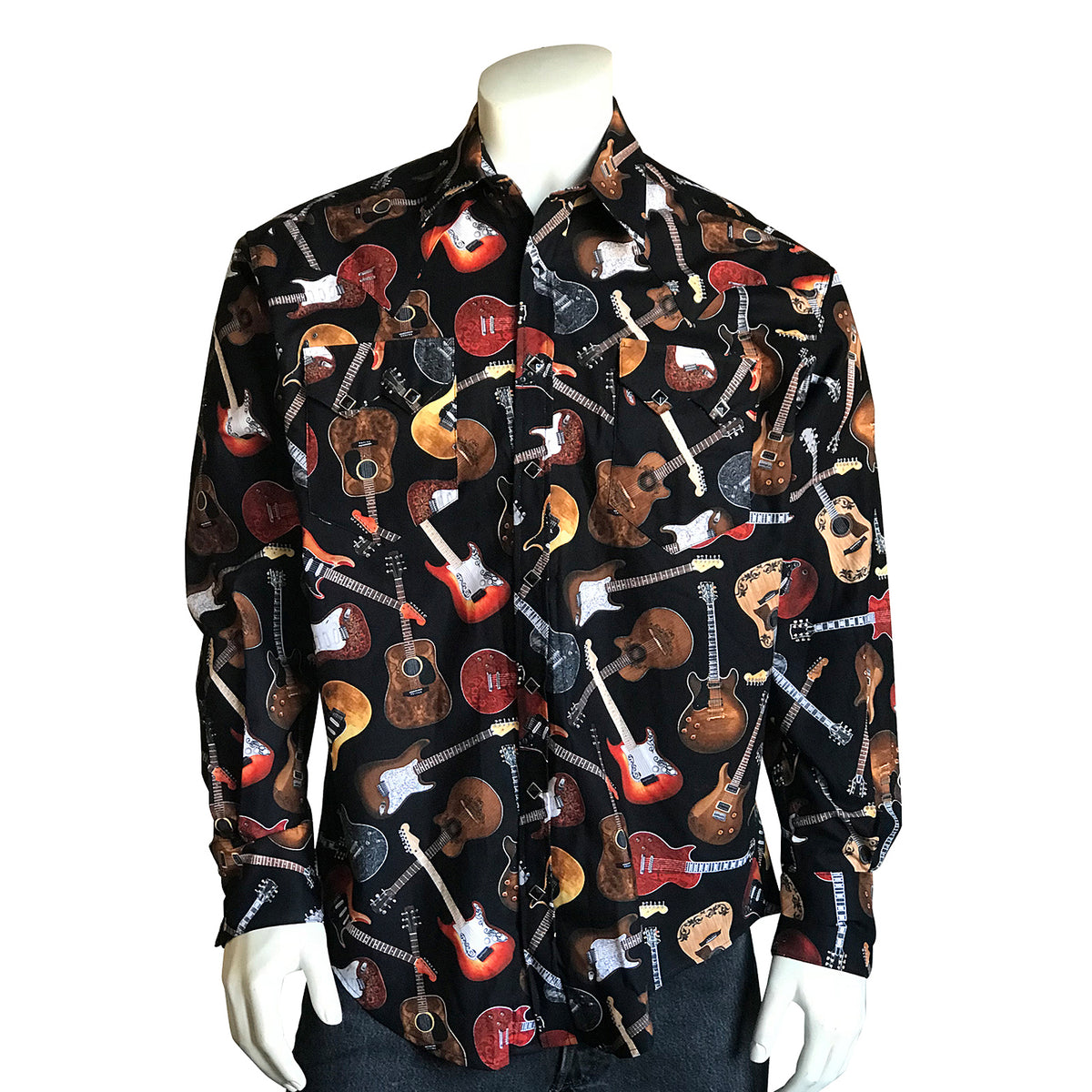 Men's Black Electric Guitars Print Western Shirt by Rockmount Ranch Wear, vintage guitar print with sawtooth pocket