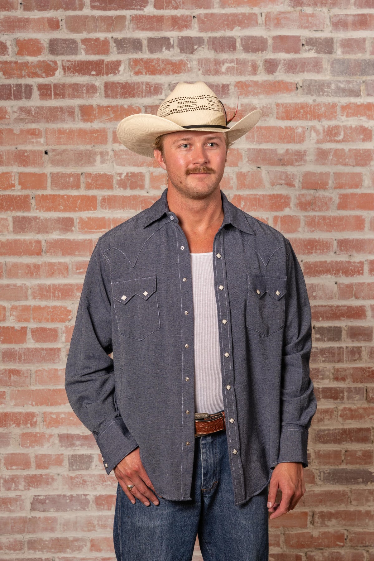 Men's Laundered Blue Chambray Premium Cotton Western Shirt by Rockmount Ranch Wear with sawtooth pocket
