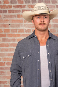 Men's Laundered Blue Chambray Premium Cotton Western Shirt by Rockmount Ranch Wear, diamond snap design