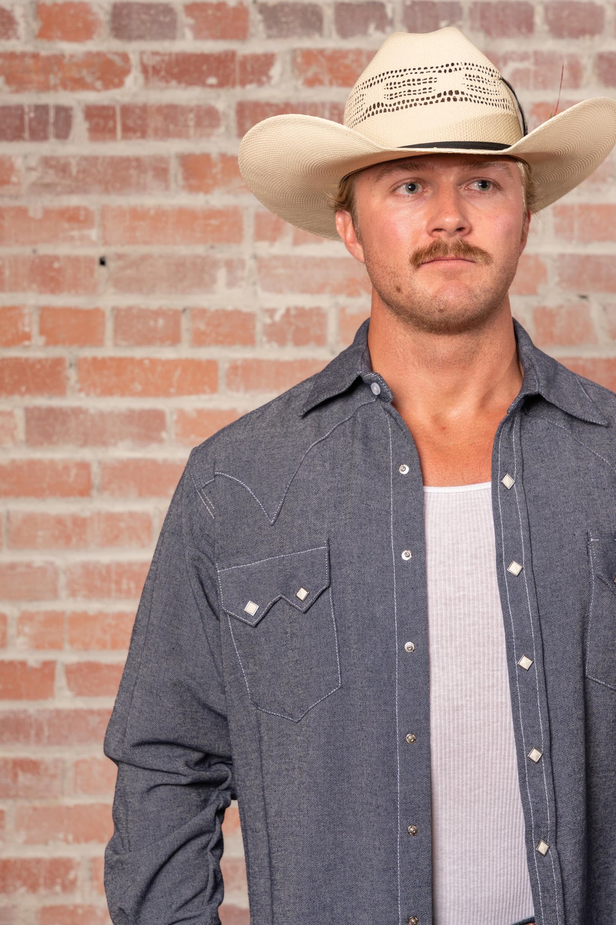 Men's Laundered Blue Chambray Premium Cotton Western Shirt by Rockmount Ranch Wear, diamond snap design