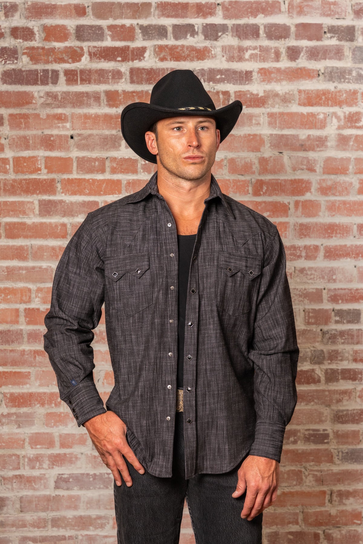 Men's Black Stonewashed Diamond Snap Denim Sawtooth Pocket Western Shirt by Rockmount Ranch Wear, vintage denim