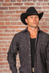 Men's Black Stonewashed Diamond Snap Denim Sawtooth Pocket Western Shirt by Rockmount Ranch Wear, diamond snap buttons