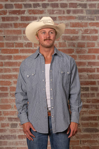 Men's Signature Denim Pinstripe Western Shirt by Rockmount Ranch Wear in vintage denim with sawtooth pockets