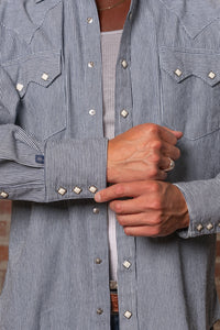 Men's Signature Denim Pinstripe Western Shirt by Rockmount Ranch Wear in vintage denim with diamond snaps