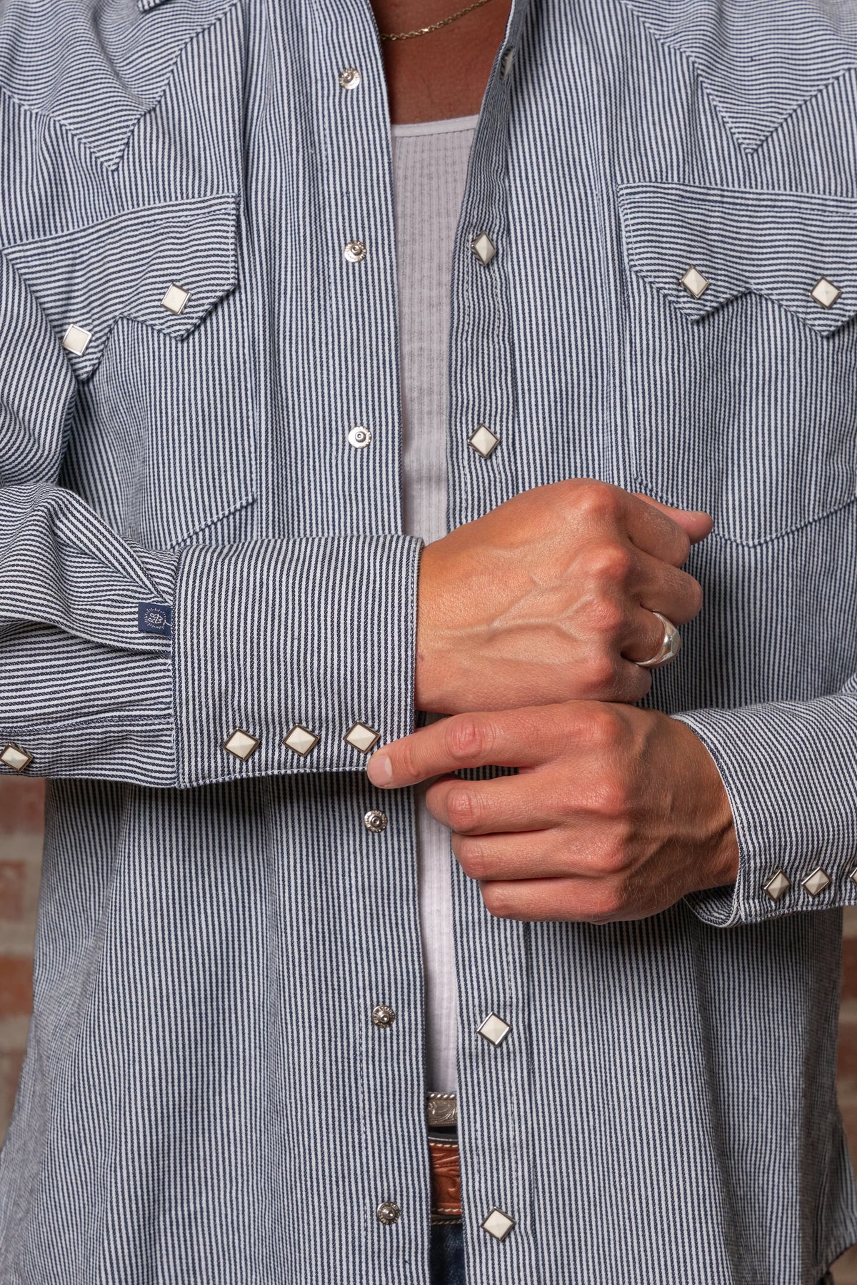 Men's Signature Denim Pinstripe Western Shirt by Rockmount Ranch Wear in vintage denim with diamond snaps