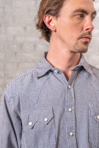 Men's Signature Denim Pinstripe Western Shirt by Rockmount Ranch Wear in 7 oz yarn-dyed denim with diamond snaps