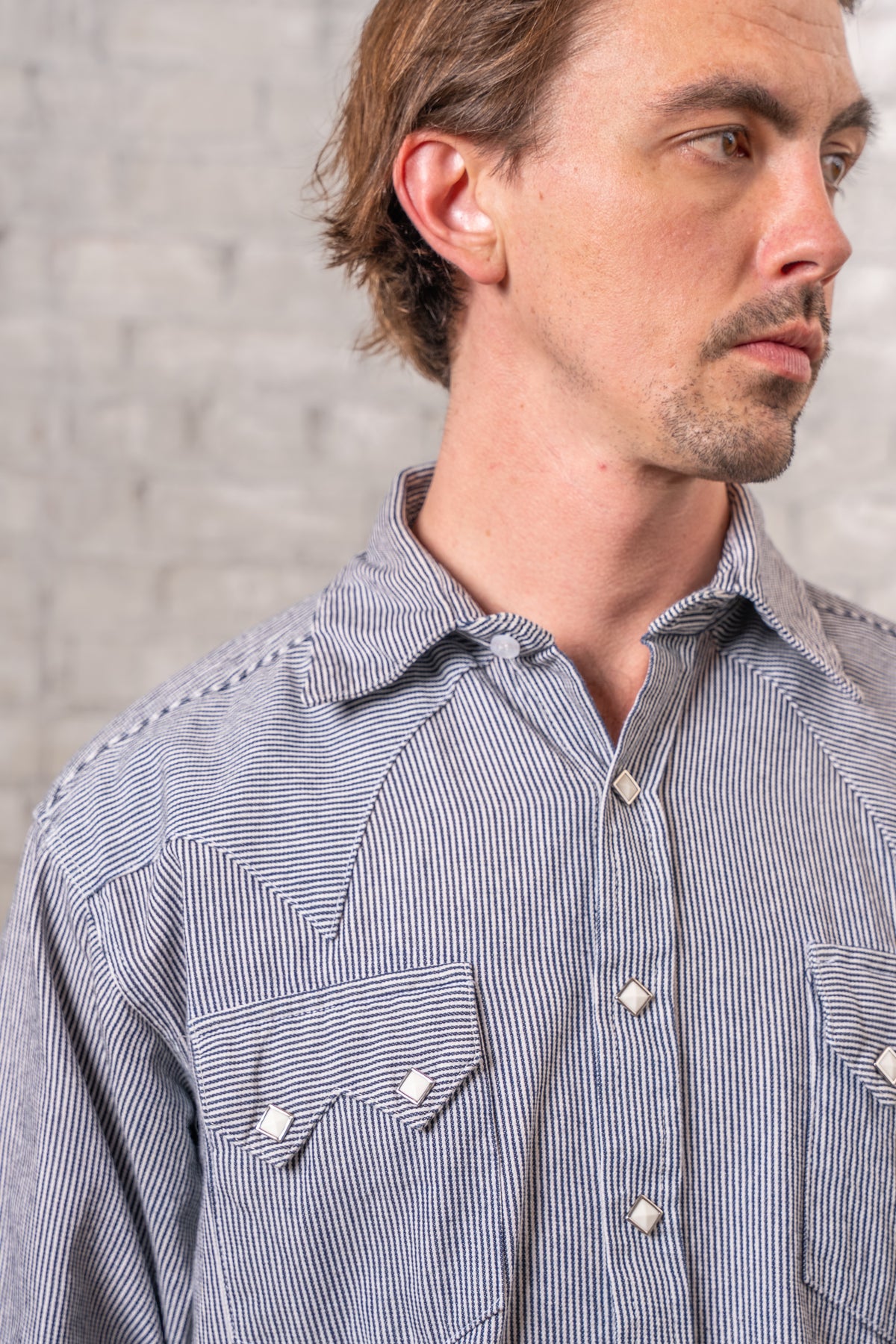 Men's Signature Denim Pinstripe Western Shirt by Rockmount Ranch Wear in 7 oz yarn-dyed denim with diamond snaps