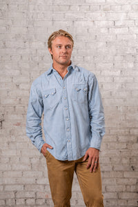 Men's Stonewashed Denim Sawtooth Western Shirt in sky blue by Rockmount Ranch Wear with sawtooth pocket design