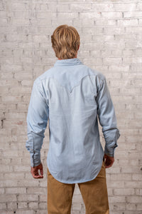 Men's Stonewashed Denim Sawtooth Western Shirt in Sky Blue by Rockmount Ranch Wear with sawtooth pocket design