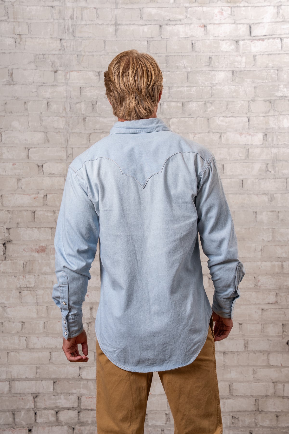 Men's Stonewashed Denim Sawtooth Western Shirt in Sky Blue by Rockmount Ranch Wear with sawtooth pocket design