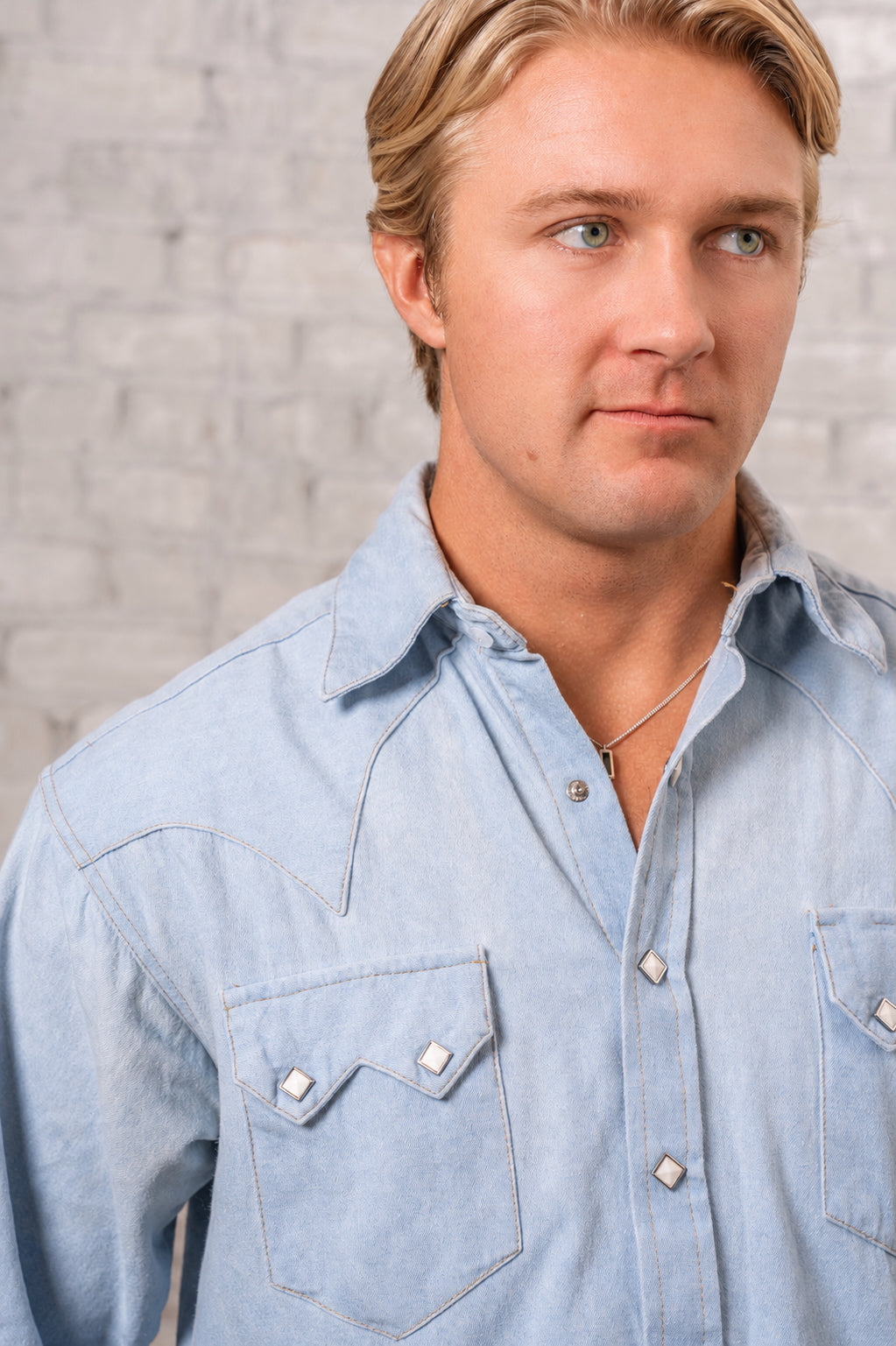 Men's Stonewashed Denim Sawtooth Western Shirt in Sky Blue by Rockmount Ranch Wear with sawtooth pocket design
