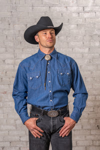 Men's Classic Stonewashed Denim Western Shirt by Rockmount Ranch Wear with sawtooth pockets and diamond snaps