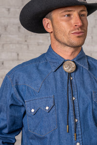 Men's Classic Stonewashed Denim Western Shirt by Rockmount Ranch Wear with sawtooth pockets and diamond snaps