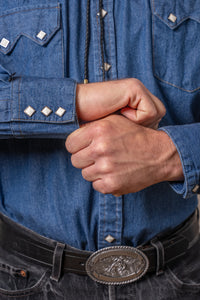 Men's Classic Stonewashed Denim Western Shirt by Rockmount Ranch Wear with sawtooth pockets and diamond snaps
