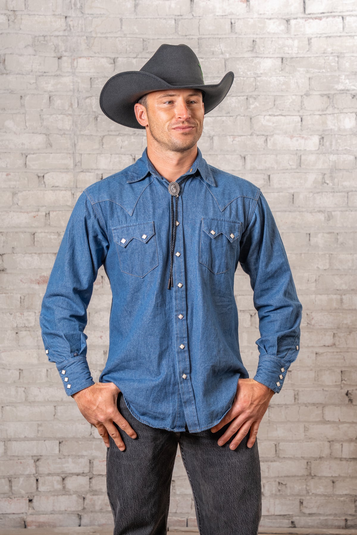 Men's Classic Light Blue Denim Western Shirt by Rockmount Ranch Wear with diamond snaps and sawtooth pockets