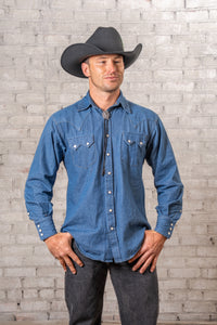 Men's Classic Light Blue Denim Western Shirt by Rockmount Ranch Wear with diamond snaps and sawtooth pockets