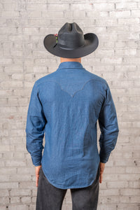 Men's Classic Light Blue Denim Western Shirt by Rockmount Ranch Wear with sawtooth pockets and diamond snaps