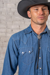 Men's Classic Light Blue Denim Western Shirt by Rockmount Ranch Wear with diamond snaps and sawtooth pockets