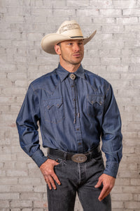 Men's Tencel Denim Sawtooth Western Shirt by Rockmount Ranch Wear in blue denim with diamond snaps