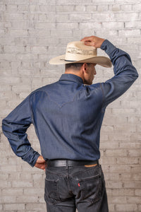 Men's Tencel Denim Sawtooth Western Shirt by Rockmount Ranch Wear in blue denim with sawtooth pockets and diamond snaps