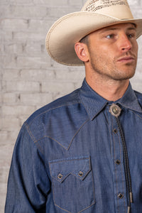 Men's Tencel Denim Sawtooth Western Shirt by Rockmount Ranch Wear in denim blue with sawtooth pockets and diamond snaps