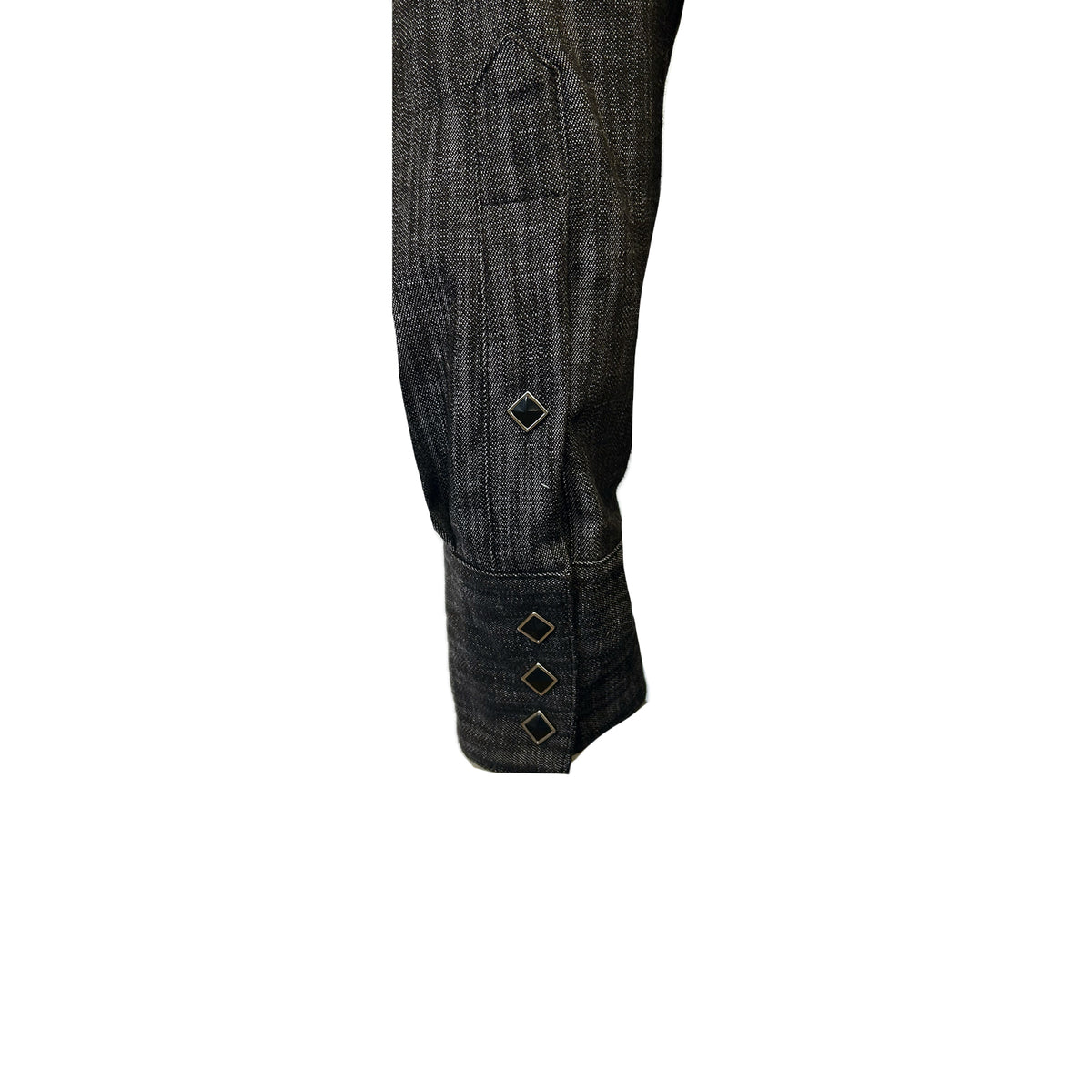 Men's Black Stonewashed Diamond Snap Denim Sawtooth Pocket Western Shirt by Rockmount Ranch Wear in denim with diamond snap buttons