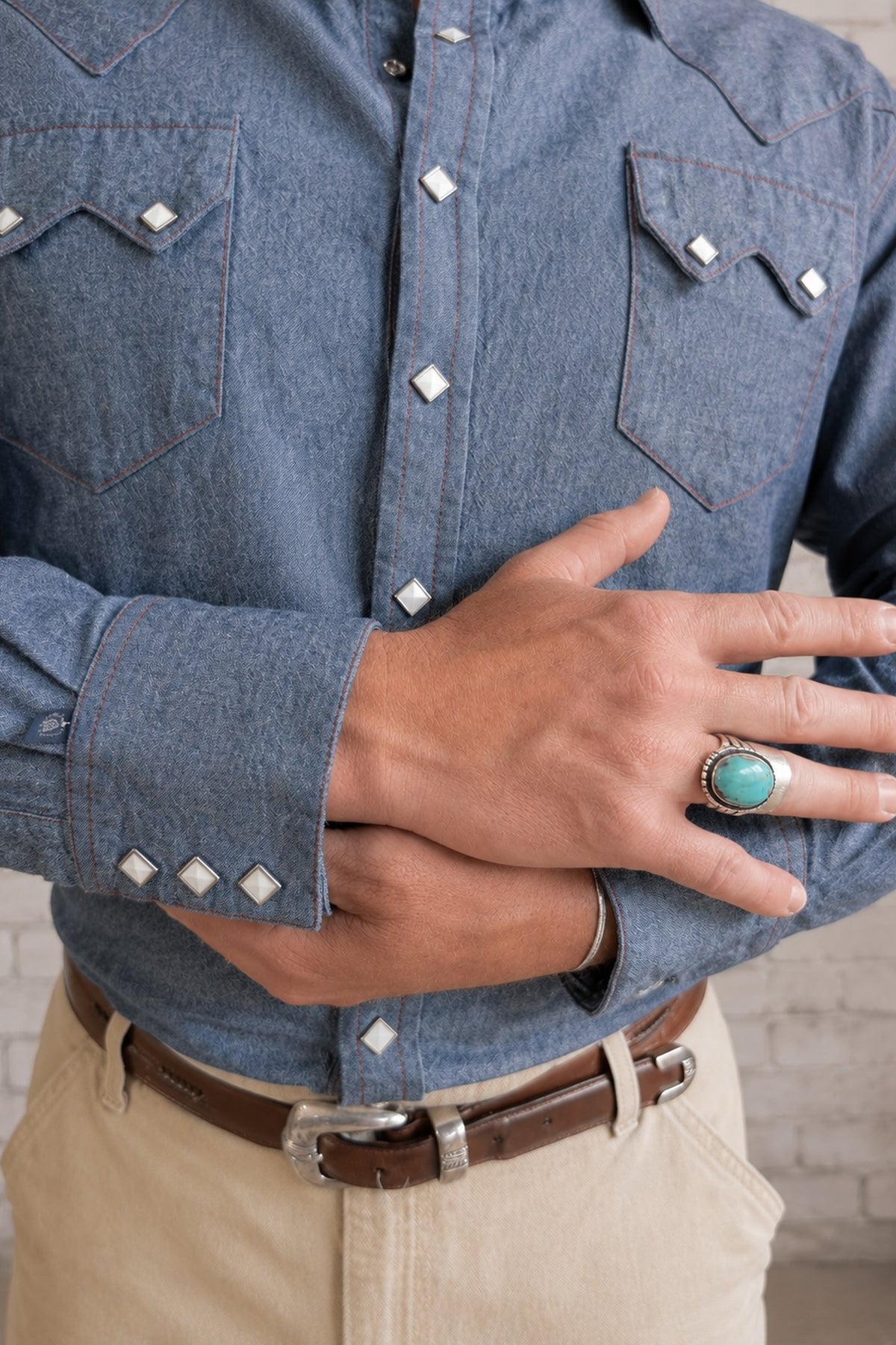Men's Navy Blue Cotton Chambray Western Shirt by Rockmount Ranch Wear with diamond snaps and sawtooth pockets