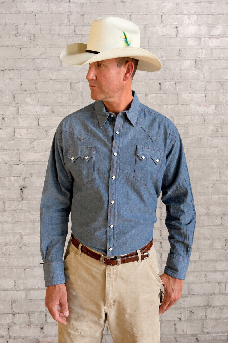 Men's Navy Blue Cotton Chambray Western Shirt by Rockmount Ranch Wear with diamond snaps and sawtooth pockets