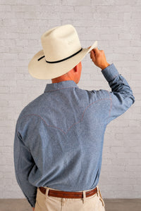 Men's Navy Blue Cotton Chambray Western Shirt by Rockmount Ranch Wear in denim chambray with diamond snaps