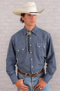 Men's Laundered Blue Chambray Premium Cotton Western Shirt by Rockmount Ranch Wear with sawtooth pocket and diamond snap design