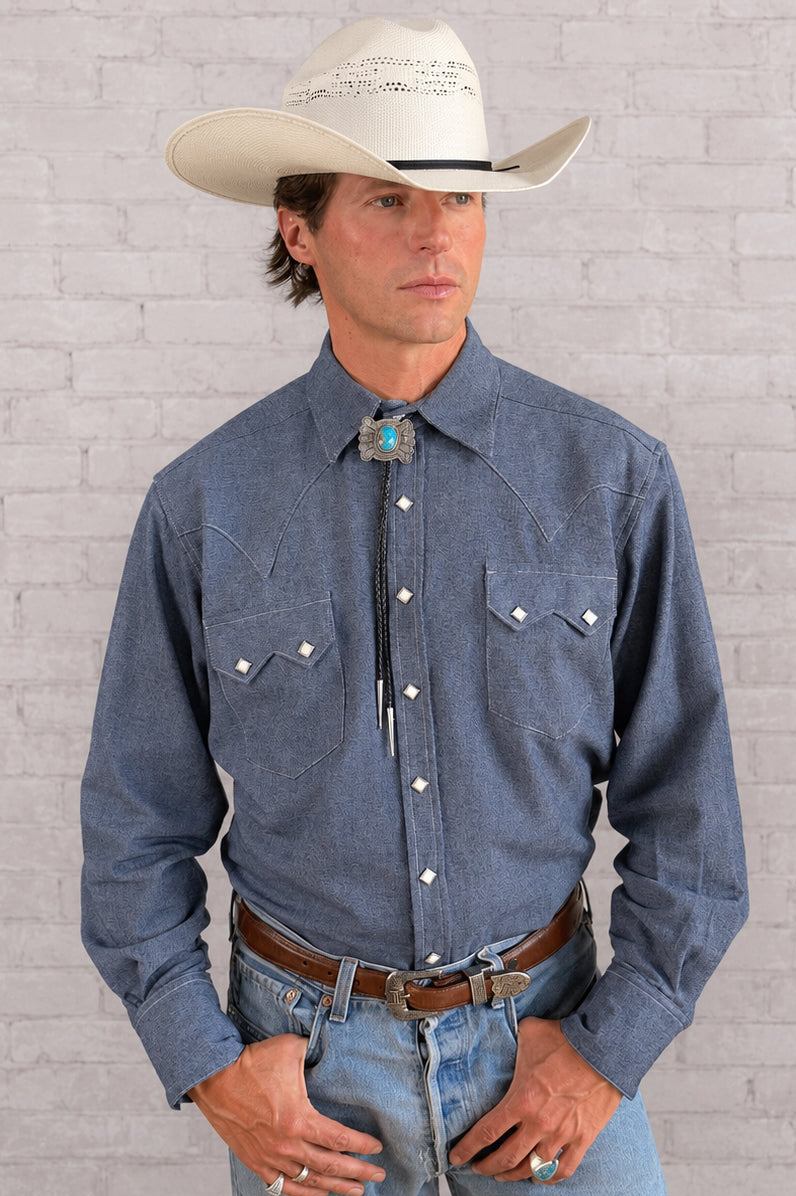 Men's Laundered Blue Chambray Premium Cotton Western Shirt by Rockmount Ranch Wear with sawtooth pocket and diamond snap design