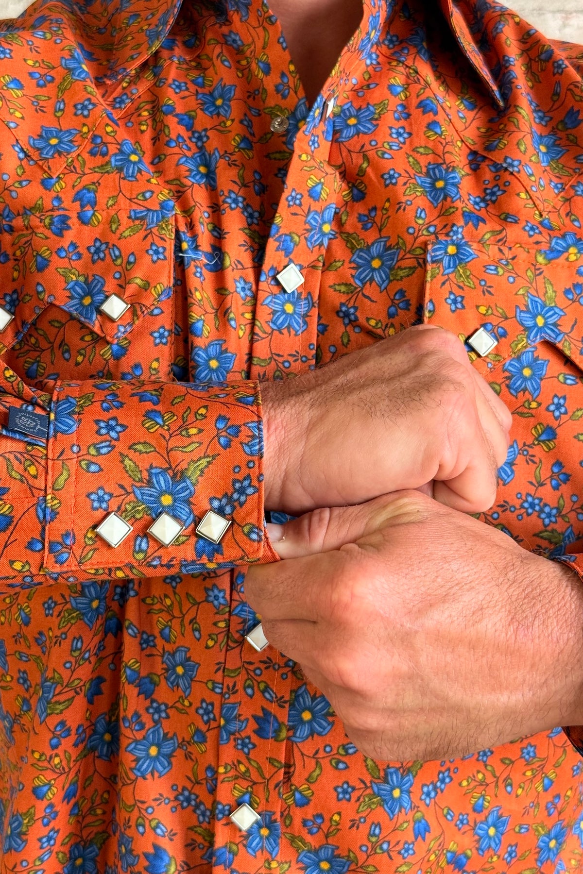 Rockmount Men's Brick Floral Print Western Shirt by Rockmount Ranch Wear in vintage orange with snap button shirt