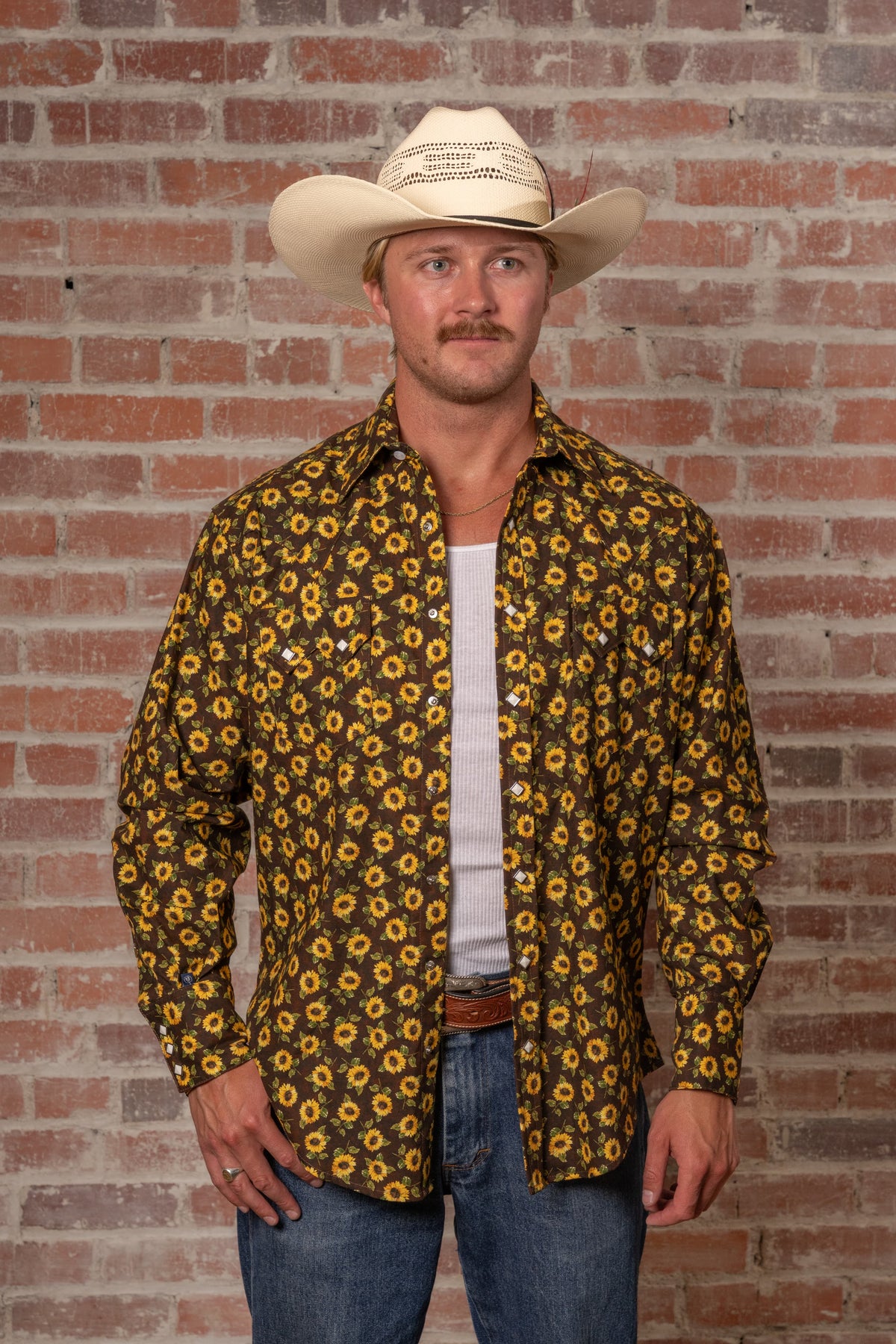 Men's Vintage Brown Sunflower Print Western Shirt by Rockmount Ranch Wear, vintage western shirt with floral print