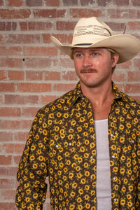 Men's Vintage Brown Sunflower Print Western Shirt by Rockmount Ranch Wear with western snap-front and sawtooth pocket