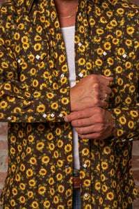 Men's Vintage Brown Sunflower Print Western Shirt by Rockmount Ranch Wear with snap button shirt details