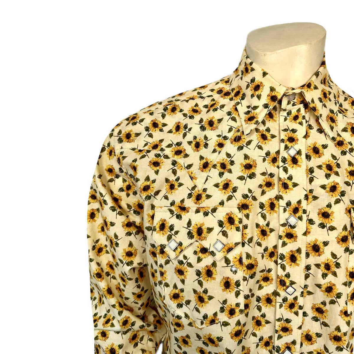 Men's Vintage Yellow Sunflower Print Western Shirt by Rockmount Ranch Wear with floral diamond snap front