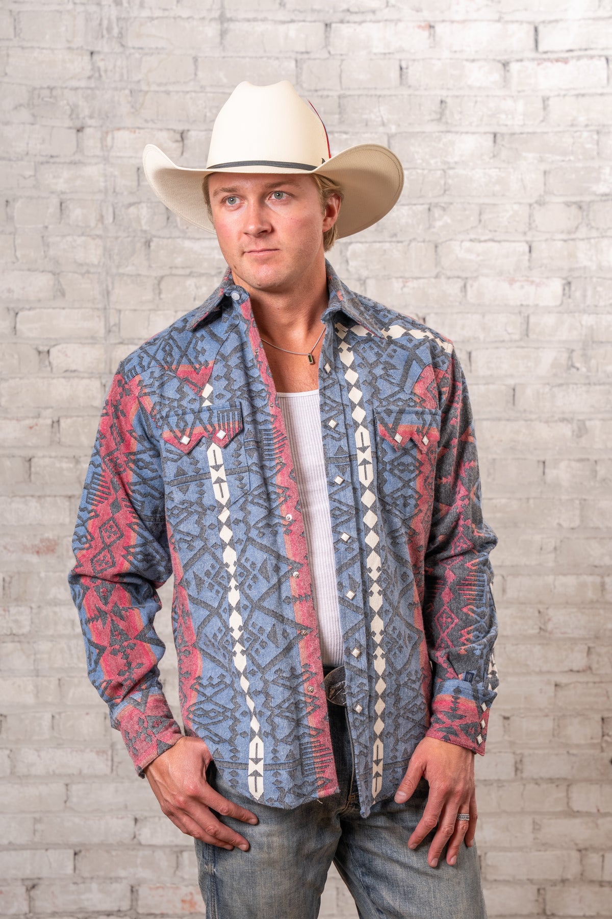Men's Premium Flannel Jacquard Western Shirt in Black, Red and Blue by Rockmount Ranch Wear, sawtooth pocket design