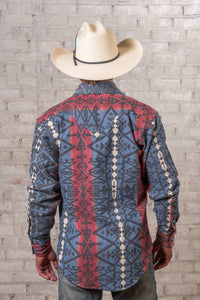 Men's Premium Flannel Jacquard Western Shirt Rockmount Ranch Wear in blue red and black with sawtooth pocket