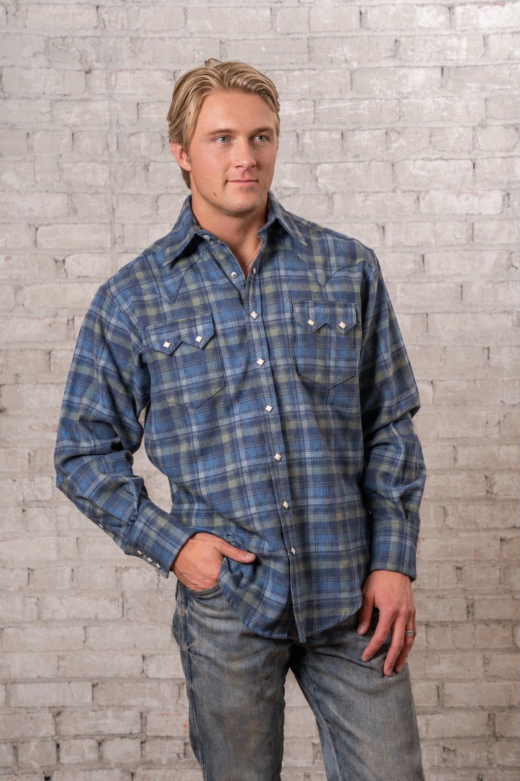 Men's Organic Plush Flannel Blue and Green Plaid Western Shirt by Rockmount Ranch Wear with sawtooth pockets