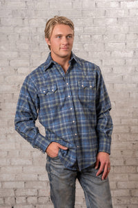 Men's Organic Plush Flannel Blue and Green Plaid Western Shirt by Rockmount Ranch Wear with sawtooth pockets